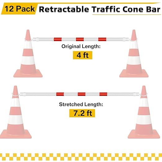Huwena 12 Pcs Retractable Traffic Cone Bar from 4ft to 7.2ft Lightweight Bars Traffic Barricade Road Cone Connecting Rod Expandable Safety for Road Parking Use