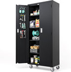 VINGLI 72'' Tall Garage Storage Cabinet, Metal Storage Cabinet with Pegboards, Wheels, Locking Doors and Adjustable Shelves (Black, 32''W x 16''D x 72''H)