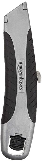 Amazon Basics Soft Grip Retractable Utility Knife with 3 Blades, Black/Silver