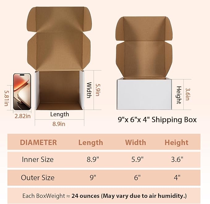 9x6x4 inches Shipping Boxes Set of 25, Small Corrugated Cardboard Box, Literature Mailer, Gift Boxes (White, 9x6x4)