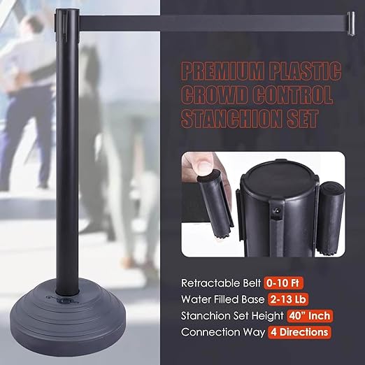 10 ft Crowd Control Stanchion Set, Crowd Control Barrier, Stanchions with Retractable Belts & Water Filled Base, Retractable Stanchions, Queue Management Stanchion (6 Pack) (Black)