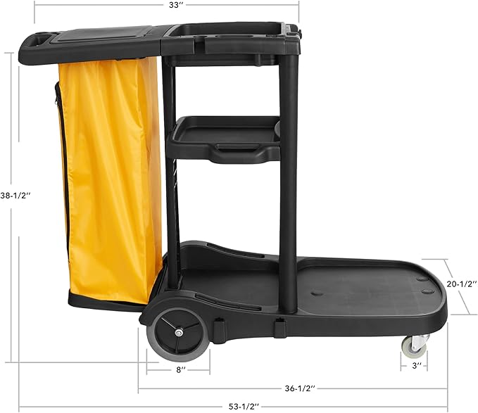 Dryser Commercial Janitorial Cleaning Cart on Wheels - Black Housekeeping Caddy with Cover, Shelves and Vinyl Bag