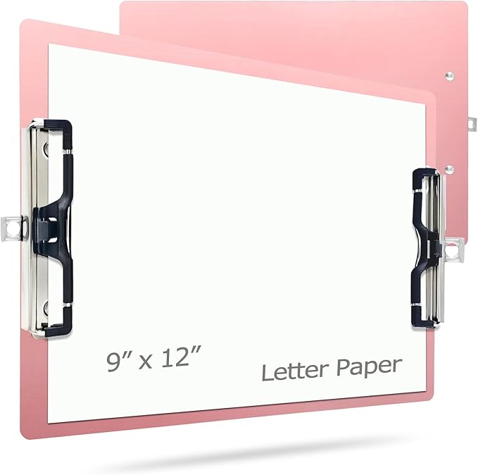Aluminum Metal Clipboard Stainless Hangable Pen Holder Double Clip Board Size A4 9" x 12.6" for School Office Business Medical Professionals Workshop Factory (Pink, A4-DoubleClip)