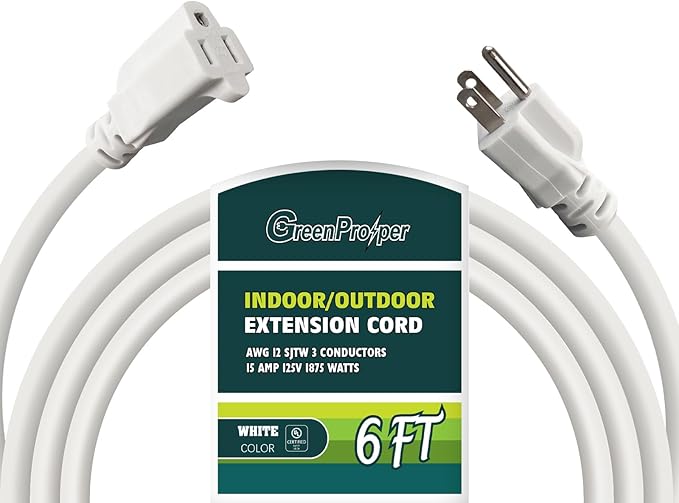 6 FT 12 Gauge Extension Cord Outdoor, Heavy Duty Weatherproof & Flame Retardant Black 3 Prong Power Cord, Outside for Garden & Lawn, 15 Amps 1875 Watts 125 VAC 12AWG SJTW, UL Listed
