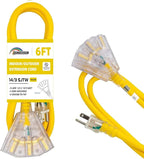 3-Outlets Indoor Outdoor Extension Cord Weatherproof with Lighted End, UL Listed, 14 Gauge 6FT Yellow 3 Prong Heavy Duty, 14/3 SJTW 15A Power Cord