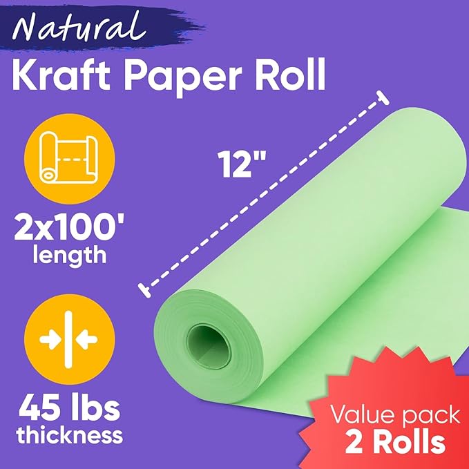 12" x 1200" (100 ft) Light Green Kraft Paper Roll (Value Pack of 2), 45 lbs Thickness, Made in USA Colored Kraft Paper for School, Bulletin Board - Odorless, Non-Toxic, Safe for Kids
