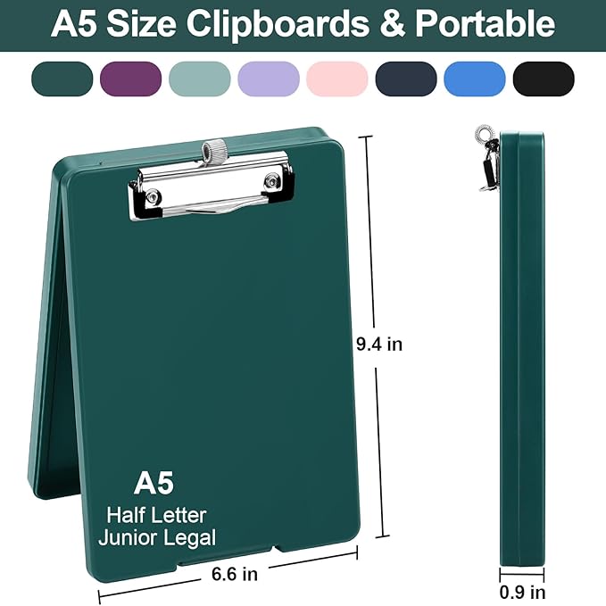 Small Clipboard with Storage, A5 Clipboards with Pen Holder, Half Letter Clip Boards 6x9 Mini Plastic Clipboard with Low Profile Clip for Classroom, School, Office Supplies (Emerald)