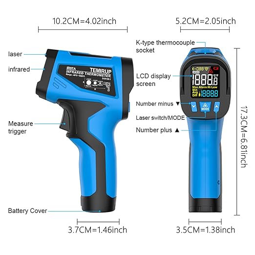 Infrared Thermometer Temperature Gun, Non-Contact High Temp Thermometer with Probe, 30:1 Laser Pyrometer with Color LCD for Cooking, Engine, Kiln, Forging, HVAC & Industrial, -40℉ to 2462℉