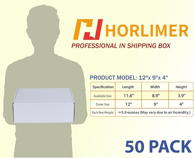 HORLIMER 12x9x4 inches Shipping Boxes Set of 50, White Medium Corrugated Cardboard Box Literature Mailer
