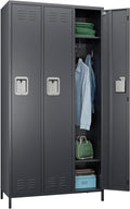 Metal Storage Locker, 72" inch Tall Employee Locker with 3 Doors for Employees School Hospital Garage Gym Home Office with Hooks Requires Assembly (Dark Gray)