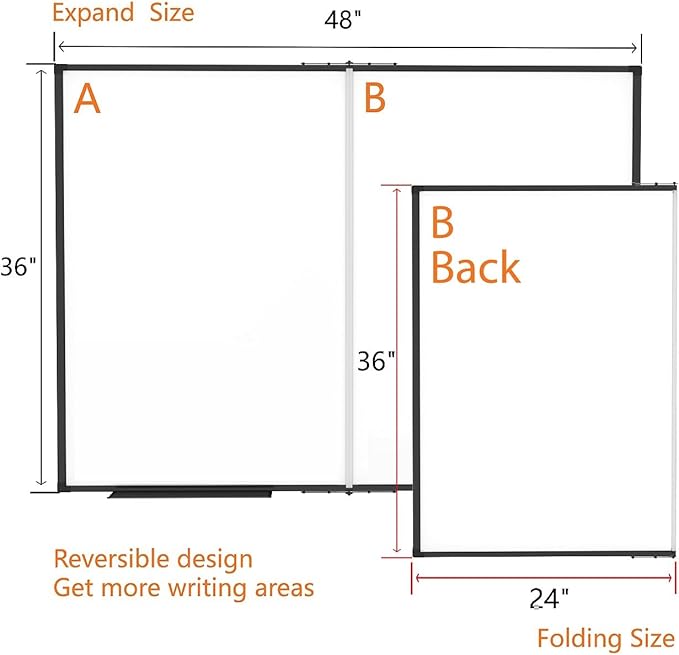 Magnetic Dry Erase White Board 48x36 Inch, 4x3 WhiteBoard Foldable Aluminum Frame Wall Mounted Dry Erase Board for School Office and Home
