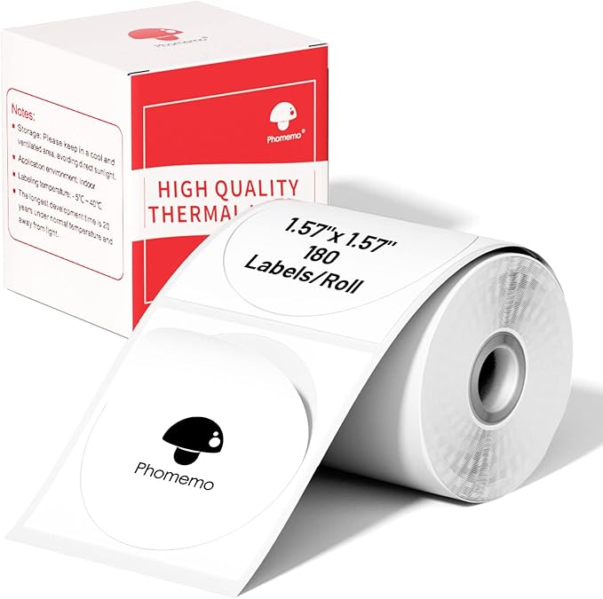 Phomemo Multi-Purpose Self-Adhesive Round Circle Label for Phomemo M110/M110S/M120/M200/M220 Label Maker, 1.57"x 1.57" (40x40mm) Thermal Label for Barcode Labels, DIY Logo Design, Black on White