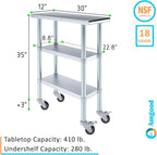AmGood Stainless Steel Work Table with 2 Shelves and Casters | Metal Utility Table On Wheels (Stainless Steel Work Table with 2 Shelves + Casters, 12" Long x 30" Deep)
