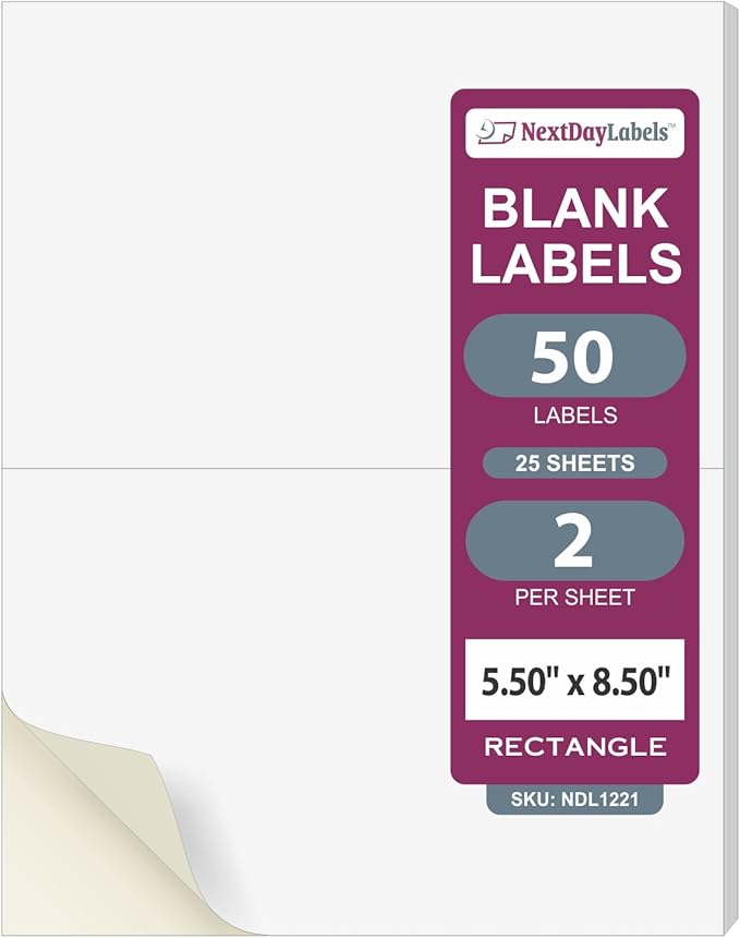 NextDayLabels – 8-1/2" x 5-1/2" Rectangular Sticker Labels for Printer - White Laser/Inkjet Printer Labels Return Address Labels Shipping Label Stickers (25 Sheets, 2 Per Sheet, 50 Labels)