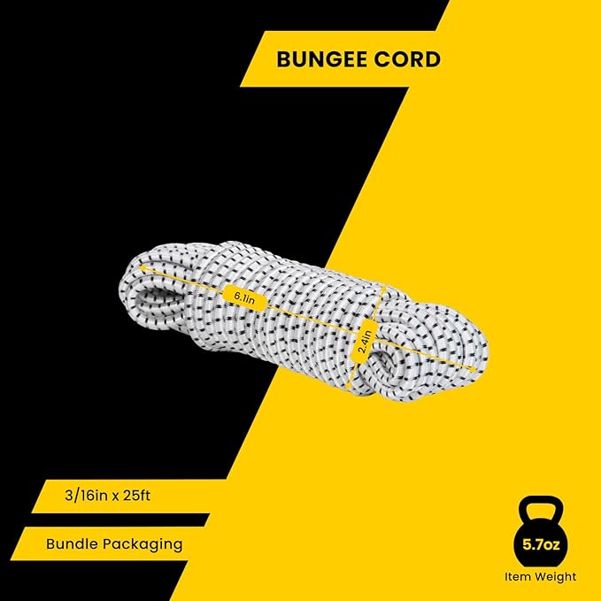 Bungee Cord Elastic Shock Cord 3/16" x 25' Bungee Rope for DIY, Tie Downs, Kayak and Outdoor - White&Black
