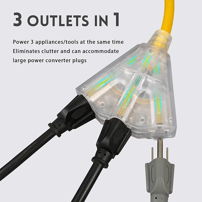 EP 15 Ft Lighted Outdoor Extension Cord with 3 Electrical Power Outlets - 14/3 SJTW Heavy Duty Yellow Extension Cable with 3 Prong Grounded Plug - Power Cord for Lawn, Garden, Appliances