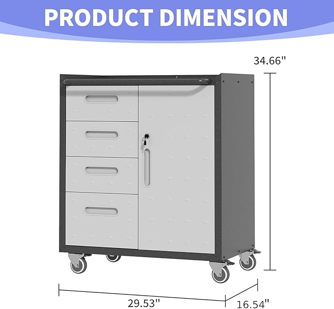 Metal Garage Storage Cabinet on Wheels, Lockable Rolling Tool Cabinet with Drawer and Shelves, Heavy Duty Mobile Steel Cabinet for Garage Warehouse Workshop
