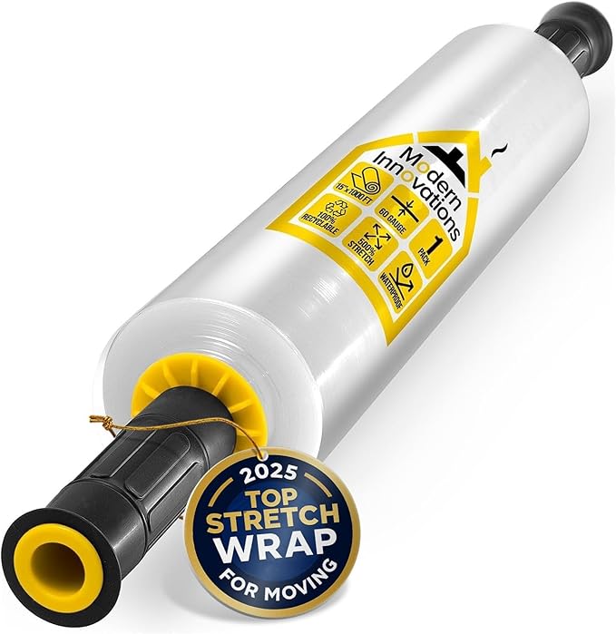 Modern Innovations 15 Inch Clear Stretch Wrap Roll with Handles (1 Roll-1000 Feet) Heavy Duty Shrink Wrap for Moving, Packing Supplies for Wrapping Furniture, Industrial Plastic Pallet Cling