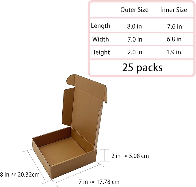 Shipping Boxes 8x7x2 inch 25 Pack,Brown Corrugated Boxes Mailer Packaging for Mailing Small Business，E-Commerce Gift Boxes for Wrapping Present Moving Storage Heavy Duty Recycled Cardboard Boxes