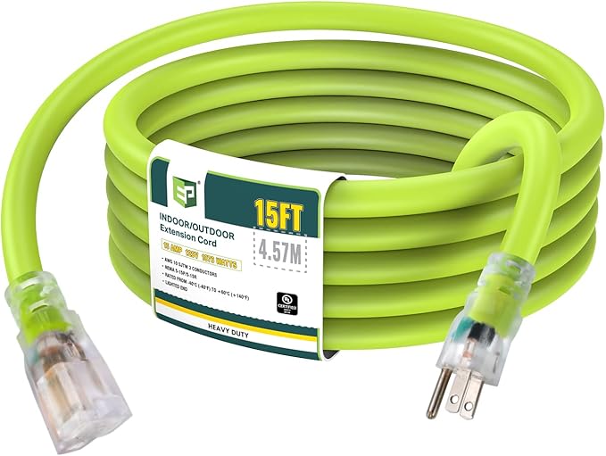 EP 15 Ft Lighted Outdoor Extension Cord - 10/3 SJTW Heavy Duty Green Extension Cable with 3 Prong Grounded Plug for Safety, UL Listed