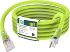 EP 15 Ft Lighted Outdoor Extension Cord - 10/3 SJTW Heavy Duty Green Extension Cable with 3 Prong Grounded Plug for Safety, UL Listed