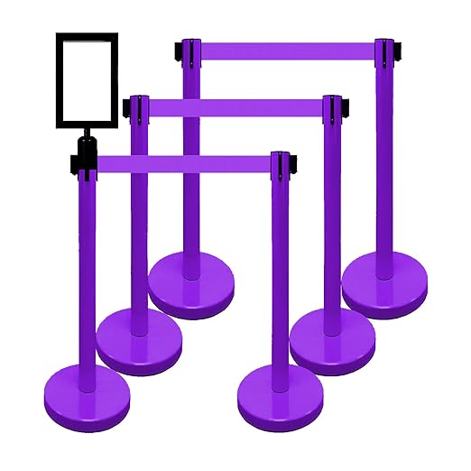 VIP Crowd Control Retractable Belt Queue Safety Stanchion Barrier Set, 36" Ht, 78" Belt + Wall Bracket (6 Pur Posts Pur Belt + SFrame + WBracket)