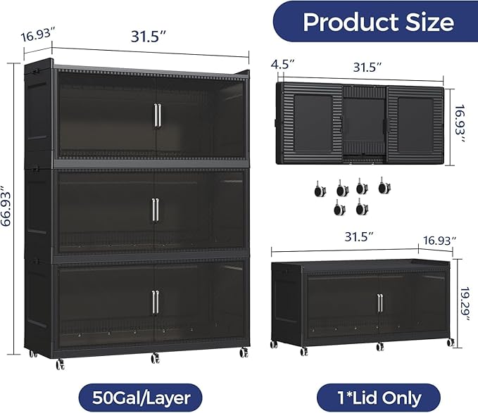 150Gal Extra Large Stackable Storage Bins with Lid, 600Qt Collapsible Storage Box with Wheels, Closet Organizers and Storage Cabinet Container for Home, Kitchen, Office, Bedroom, 3Pack Black