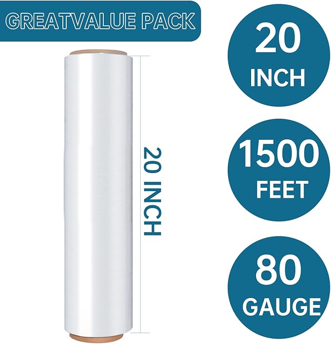 Stretch Film Shrink Wrap Roll 20" x 1500FT, Heavy Duty 80 Gauge Stretch Wrap Roll, Industrial Plastic Wrap for Moving, 800% Stretch for Packing, Pallets, Shipping&Furniture Protection(4 Roll Clear)