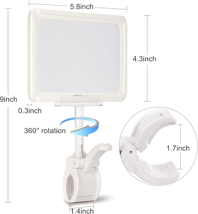 Acrylic Sign Holder with Clamp, 6 x 9 Inch Double Head Display Clips with PVC Card Protector, Rotating Sign Price Tag Clip On Sign Display for Hangrails or Tubes (Pack of 7) (White)