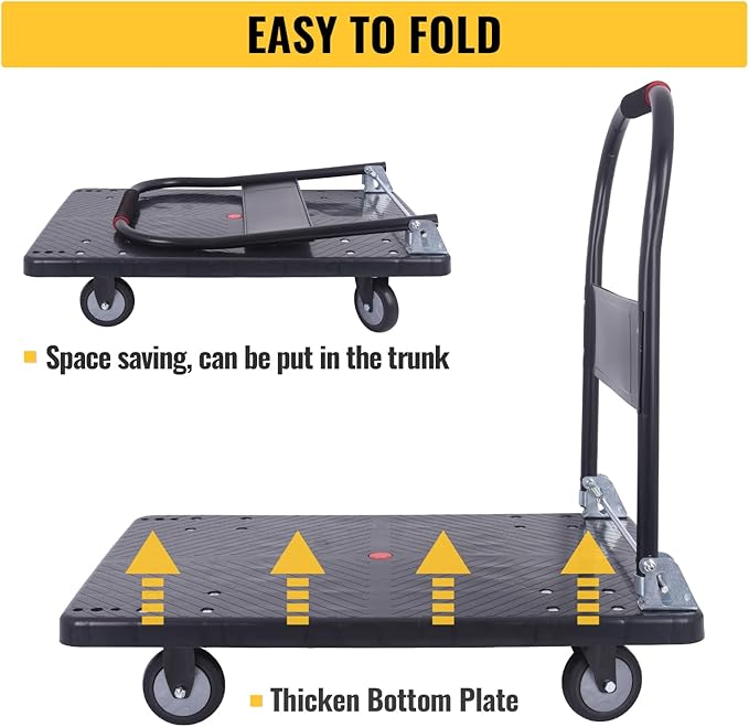 Hand Cart 660 lbs, Push Cart Dolly Black, Capacity Platform Truck Foldable Platform Cart Upgraded Heavy Duty Moving Cart with PU Wheels for Home Garden Warehouse Garage Workshops