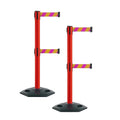 Montour Line MSR630D Set of 2 Retractable Belt Barrier Stanchion, Heavy-Duty Rubber Base, Red Post (9 ft Magenta and Yellow Diagonal Dual Belt)