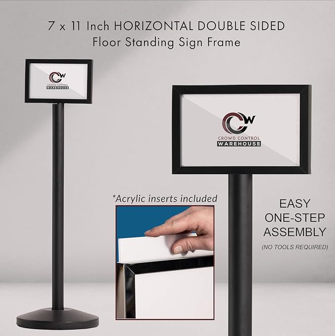 Crowd Control Warehouse Pedestal Standing Floor Sign Frame with Sloped Base, 7x11 Inch Horizontal, Polished Stainless Steel