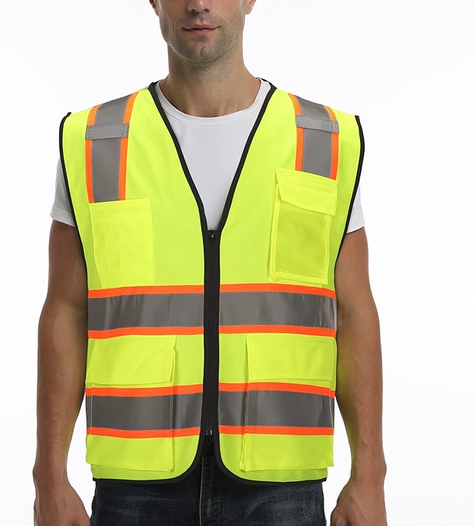 9 Pocket High Visibility Class 2 Safety Vest with 2 Inch Wide Reflective Strips Zipper Construction Work Vest for Men & Women Lime, 5XL