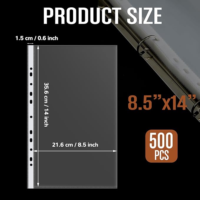 500 Pcs 8.5 x 14 Legal Size Heavyweight Clear Sheet Protectors, Heavy Duty 11-Hole Fit for 3 & 4 Ring Binder, Plastic Page Thick Document Protector, Binder Sleeves for Cards Photo Archive