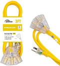 3-Outlets Extension Cord Weatherproof with Lighted End, UL Listed, 14 Gauge 3FT Yellow 3 Prong Heavy Duty, 14/3 SJTW 15A Power Cord