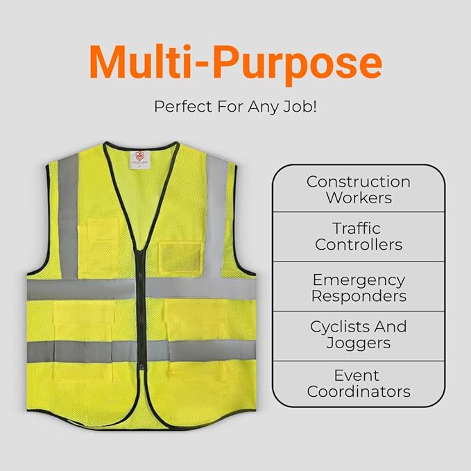 High-Visibility Safety Vests – Pack of 3, Reflective vest, Front Zipper & Utility Pockets for Maximum Safety