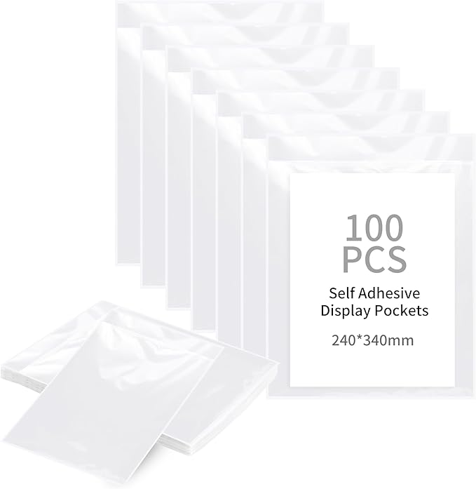 souG 100Pcs Self Adhesive Display Pockets - 8.5 x 11 Inch Paper Sleeves for Wall and Door Communication, Clear Adhesive Sheet Protectors for Office, School, Box Posting Signs