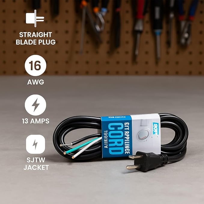 Appliance Cord Bundle, 3FT 13A & 6FT 15A SJTW Power Cables, Straight & Angled 5-15 Plugs, 125/600V Copper Conductors, Heavy-Duty Indoor/Outdoor Use