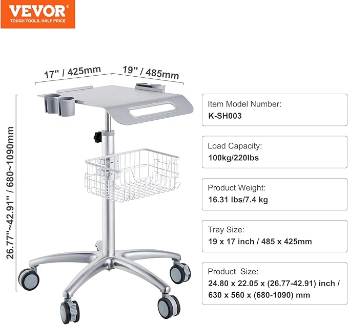 VEVOR Medical Cart, Salon Cart with Wheels, Mobile Trolley Cart 26.77"-42.91" Height Adjustable, Metal Salon Stations for Hair Stylist, Rolling Desktop Lab Cart for Clinic, Beauty and Salon