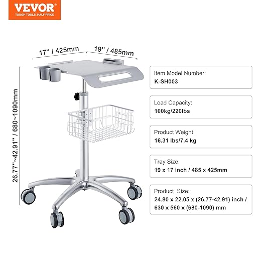VEVOR Medical Cart, Salon Cart with Wheels, Mobile Trolley Cart 26.77"-42.91" Height Adjustable, Metal Stations for Hair Stylist, Clinic, Beauty