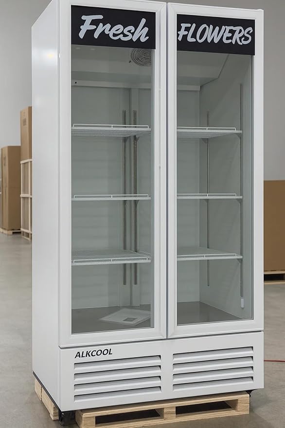 Commercial Flower Refrigerator Floral Display Cooler,White 2 Glass Doors Fridge With LED Light Adjustable Shelves,ETLSanitation Approval,40" Wide, Adjustable Shelves & Wheels Included