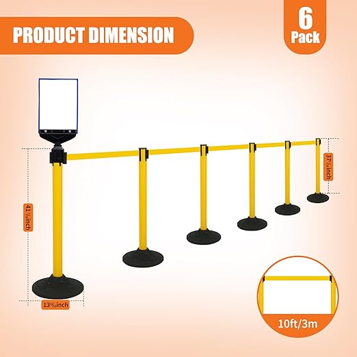 41" Yellow Crowd Control Stanchion Set, Stable Heavy-Duty Rubber Base with 10 Feet Retractable Belt Crowd Control Barriers, Retractable stanchions for Outdoor Safety (6 Pack)