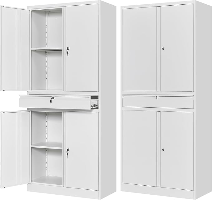 Letaya Metal Garage Storage Cabinet with Drawer,4 Door Tool Cabinet with Lock-2 Adjustable Shelves for Garage Home Office Utility Room (White)