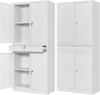 Letaya Metal Garage Storage Cabinet with Drawer,4 Door Tool Cabinet with Lock-2 Adjustable Shelves for Garage Home Office Utility Room (White)