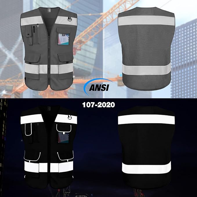 TCCFCCT Safety Vest 9 Pockets High Visibility Reflective Safety Vest for Men Women, Hi Vis Work Vest with Reinforced Sewing, Durable to Use, Meets ANSI/ISEA Standards, (Grey, 3X-Large)