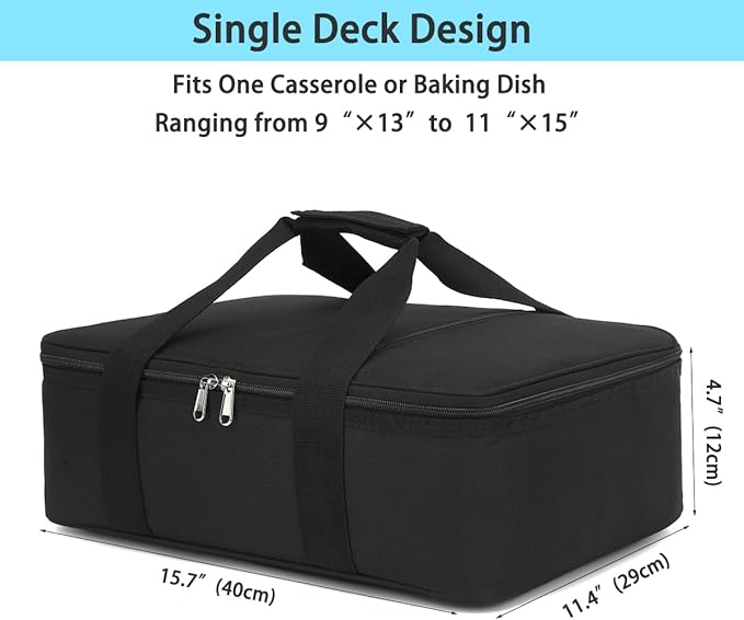 Insulated Casserole Carrier Bag - Large Portable Hot and Cold Food Storage Tote with Handles Thermal Bag for Parties, Picnics, Camping, Travel,Fits 9"x13" Baking Dish,Black