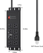 JUNNUJ Heavy Duty 20 Amp Surge Protector 4800J, Garage Metal 8 Outlets 12 Gauge, High Amp 5-15P Adapter Shop 6-20R T-Slot Industrial Outlet, 15 FT Extension Cord Commercial for Appliance