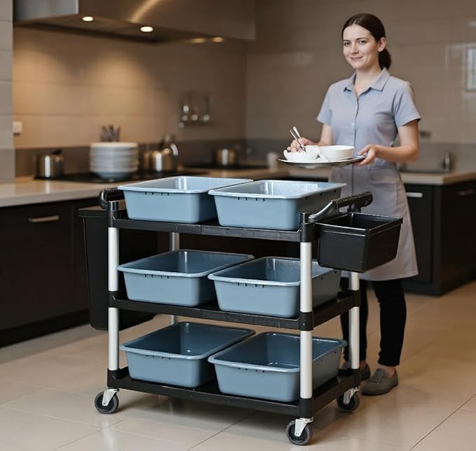 Plastic Service Utility Cart with Wheels, 550lbs Capacity, 6 Basin 2 Barrels Multipurpose Rolling 3-Tier Mobile Storage Organizer, for Warehouse Garage Industrial Cart