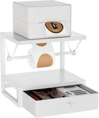IBUYKE Label Holder for Rolls and Fan-Fold Labels,Wooden Thermal Shipping Label Stand With Drawer Desktop Printer Holder for Home, Office, Small Business,White TPS003W
