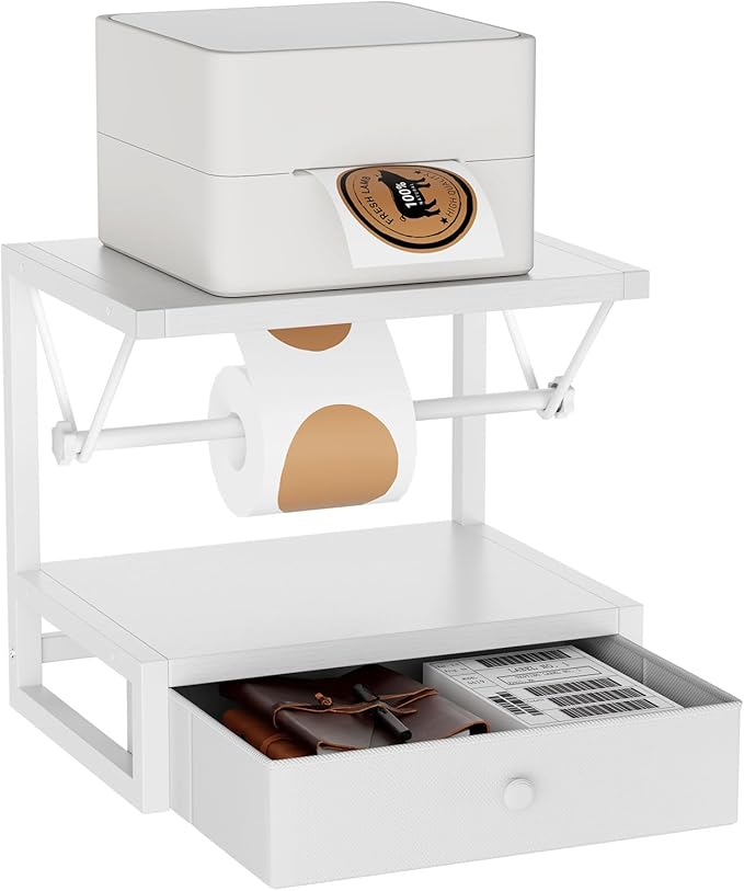IBUYKE Label Holder for Rolls and Fan-Fold Labels,Wooden Thermal Shipping Label Stand With Drawer Desktop Printer Holder for Home, Office, Small Business,White TPS003W